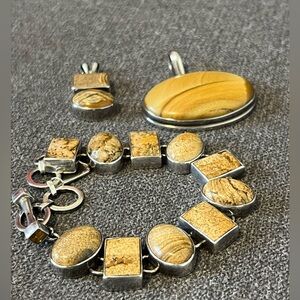 Vintage Southwestern ACLEONI Sterling Silver Jasper Link 8” Bracelet & pendants